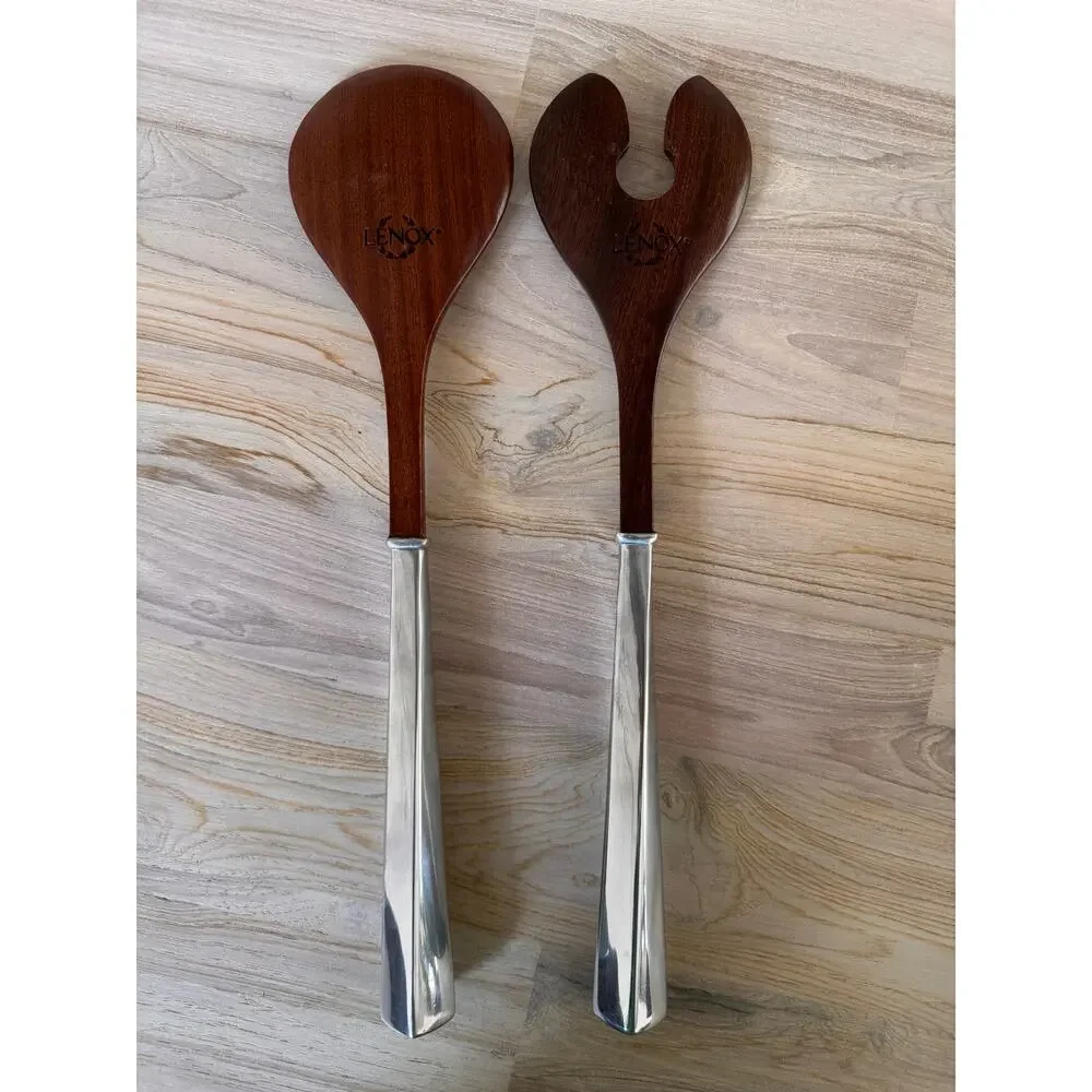 VINTAGE Lenox Salad Serving Utensils Spoon & Fork Set Tongs Wooden Silver Handle